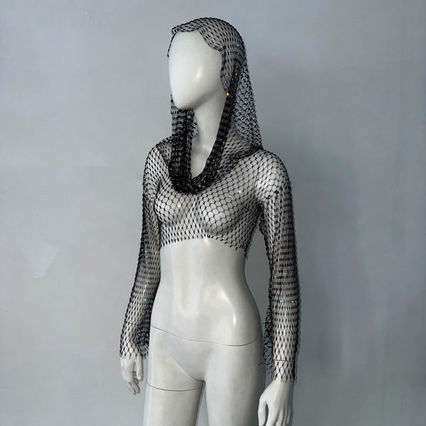 Rhinestone Fishnet Hooded Top