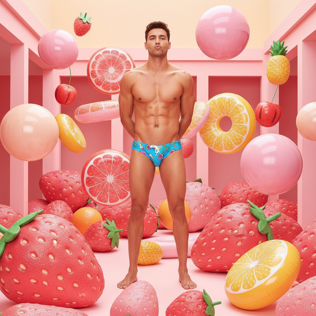 Model showcases Hello Temptation Swim Briefs in a vibrant fruit-themed design, embodying bold queer energy and self-expression in a playful, surreal setting.
