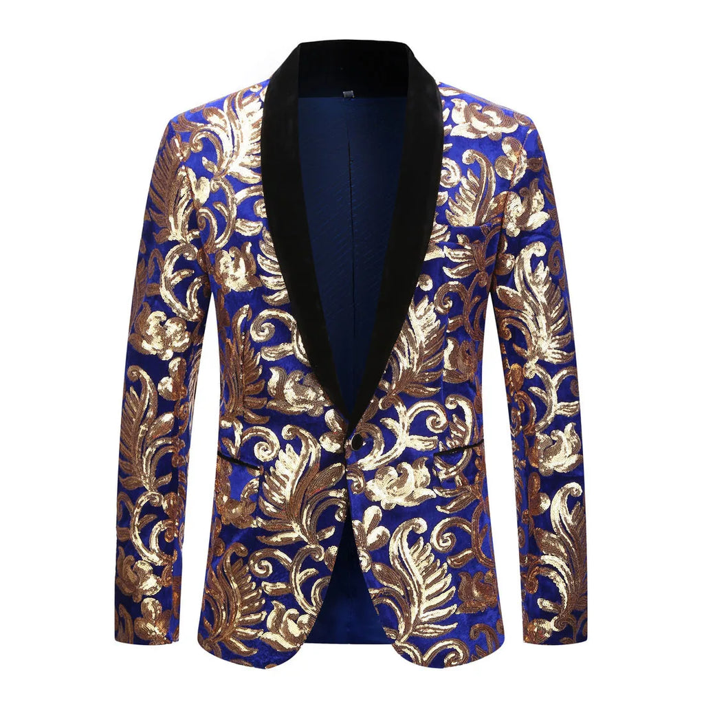The Spectrum Sparkle Night Club Men's Jacket features a bold royal blue with ornate gold baroque swirls, a black shawl collar, and a single button, celebrating queer empowerment and self-expression.