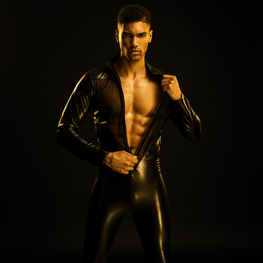 A confident male model wears the Sexy Mesh Bodysuit Clubwear, unzipping to reveal a muscular torso, embodying bold, queer self-expression and empowerment in sleek, glossy black material.