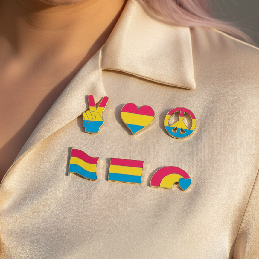 Pansexual Enamel Pins Collection on a cream blazer's lapel, featuring vibrant enamel pins: peace-sign hand, heart, peace symbol, waving flag, rectangular flag, and rainbow arc, all celebrating queer pride and visibility.