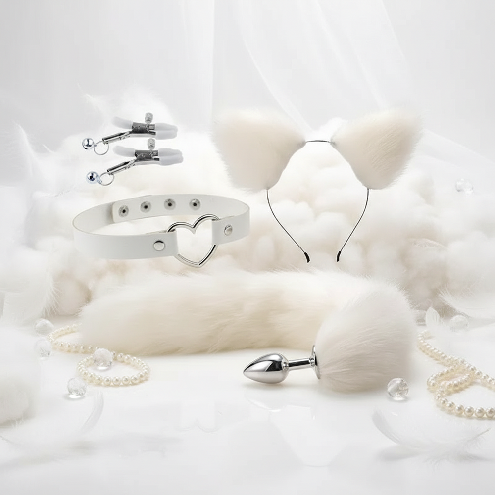 White fluffy bunny tail butt plug set with ear headband, heart collar, and accessories