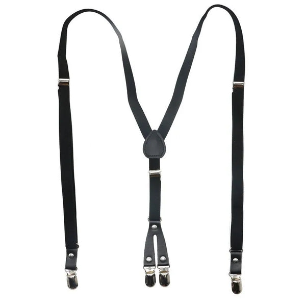 Black Y-back clip suspenders laid flat, with silver adjusters and four clips