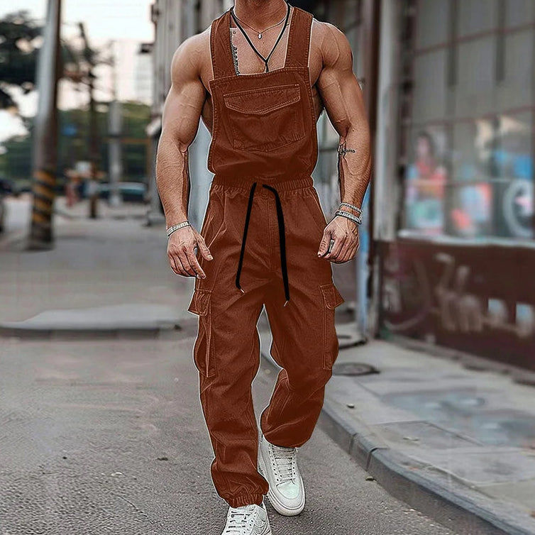 Brown cargo overalls with utility pockets and relaxed workwear silhouette