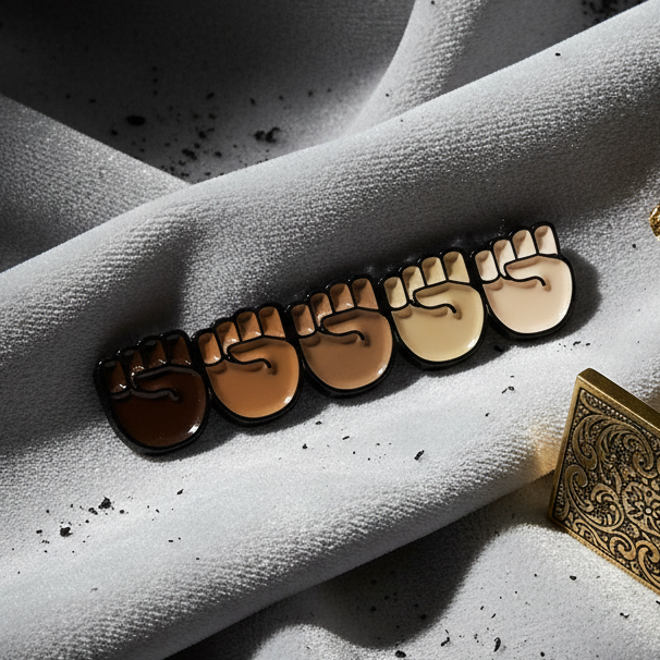 Six small Black Lives Matter Enamel Pins, each shaped like a raised fist in a gradient of skin tones, arranged on light fabric, embodying pride, solidarity, and empowerment for the queer community.