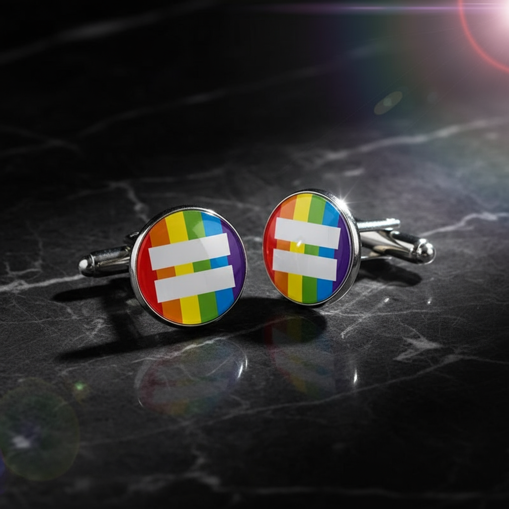 Equal Rights Pride Cufflinks: Metal cufflinks inlaid with rainbow stripes and a white equals sign, reflecting LGBTQ+ pride on a polished stone surface. Perfect for expressing self-confidence and vibrant identity.
