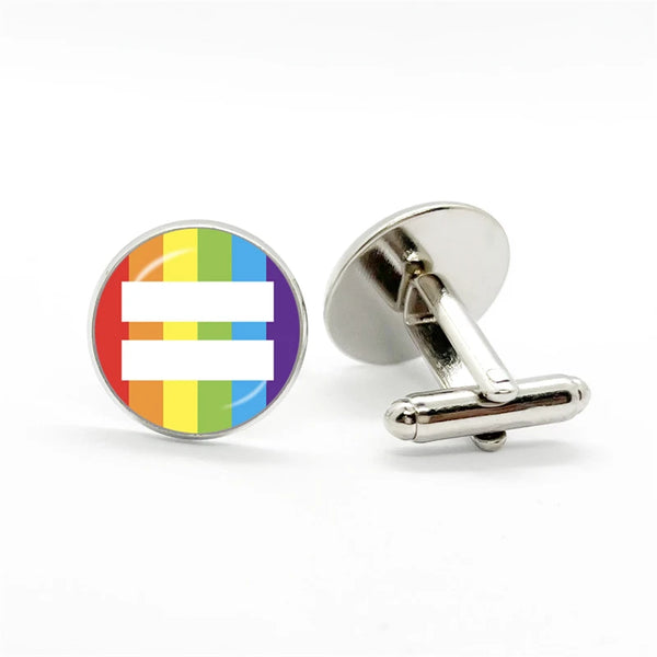 Equal Rights Pride Cufflinks featuring a round enamel inset with a rainbow flag and white equals sign, paired with T-bar fastening, symbolizing LGBTQ pride and empowerment for professional attire.