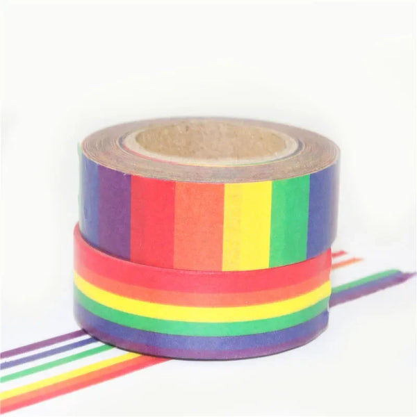 Roll of rainbow decorative tape with vertical stripes, shown with tape strips extending behind it