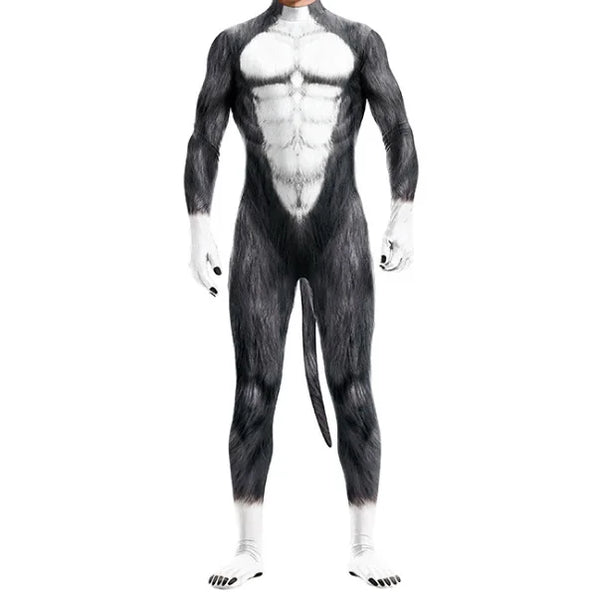 Wolf Fantasy Fetish Bodysuit With Tail, a skin-tight costume with black-and-white cat print, muscle-toned chest, claw-detailed gloves, paw foot coverings, and an attached tail.