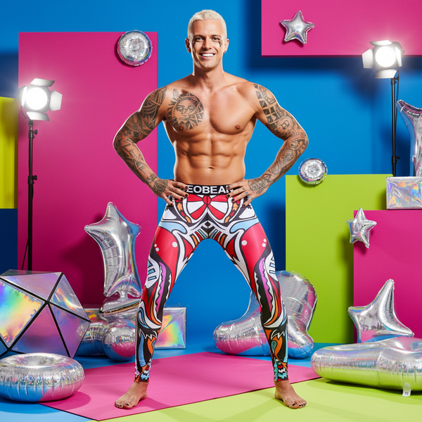 Muscular, tattooed man with short blond hair in Seobean Crimson Pulse Workout Leggings, barefoot among silver star balloons and props on vivid rainbow studio backdrops.