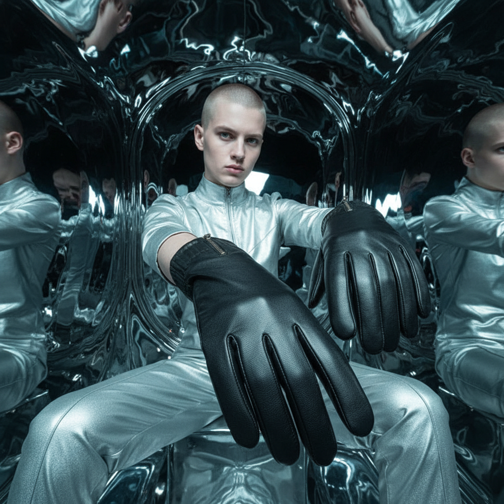 Model wearing black leather gloves with extended fingers in a mirrored metallic room