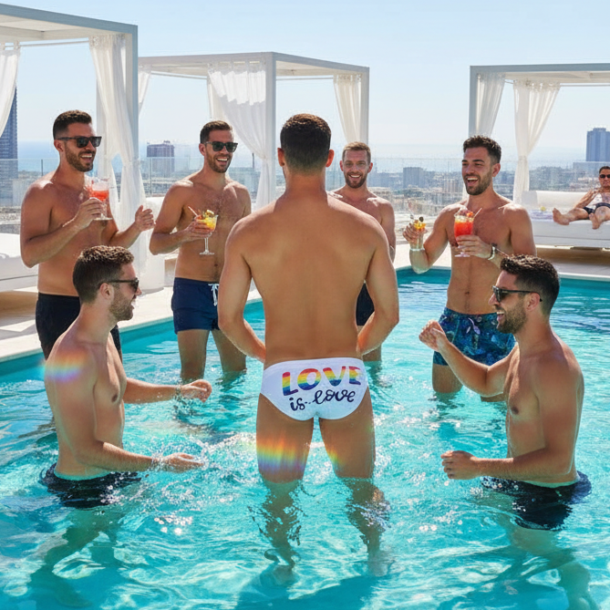 Seven young men splash in a rooftop pool, joyously embracing the sun. One wears Love Is Love Swim Briefs, featuring a rainbow motif, symbolizing LGBTQIA+ empowerment and self-expression.