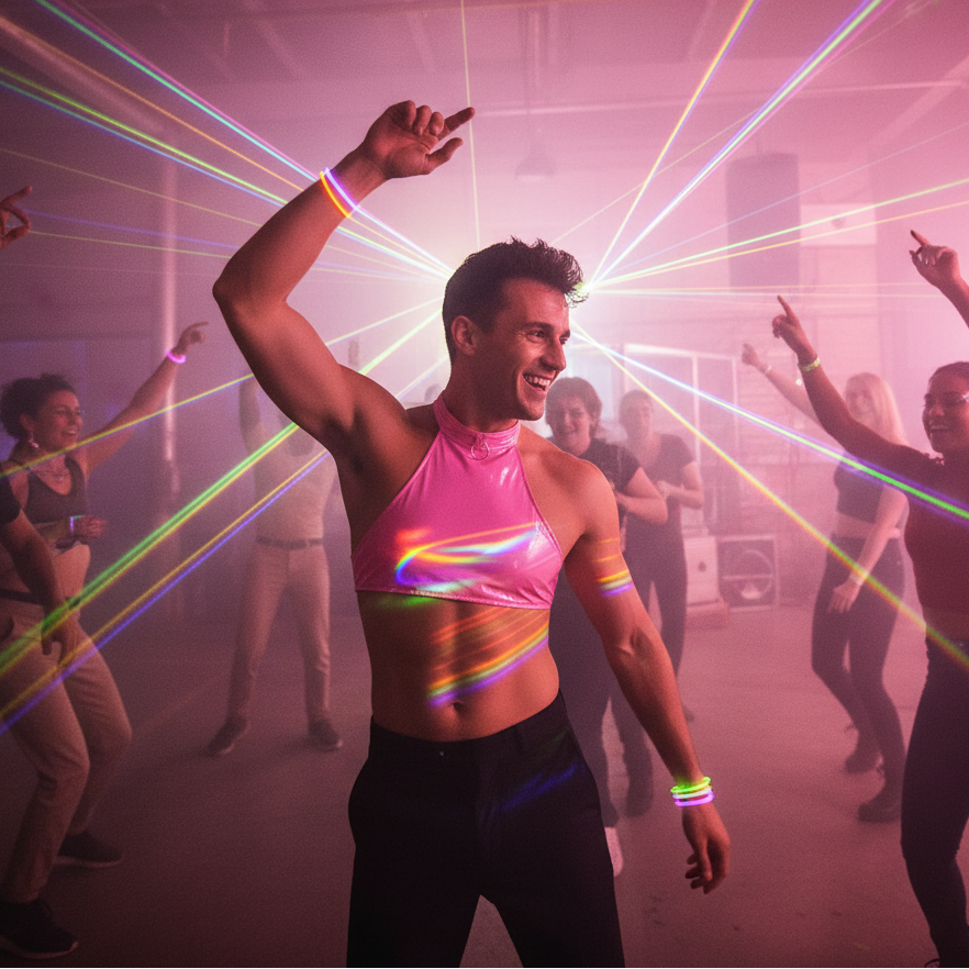A young man confidently wears the Diva Sparkle Halter Crop Top, dazzling in its faux leather shine, surrounded by vibrant dancers under multicolored lights, embodying unapologetic queer pride and self-expression.