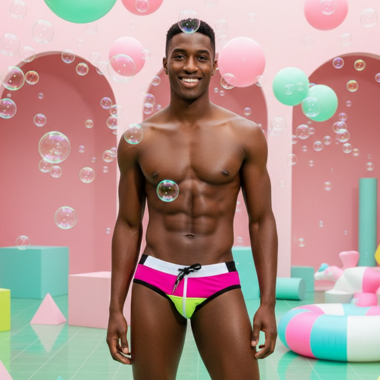 A fit, dark-skinned man smiles confidently in Aquatic Allure Patchwork Swim Briefs, embodying vibrant, inclusive self-expression in a whimsical, pastel environment with geometric shapes and playful bubbles.