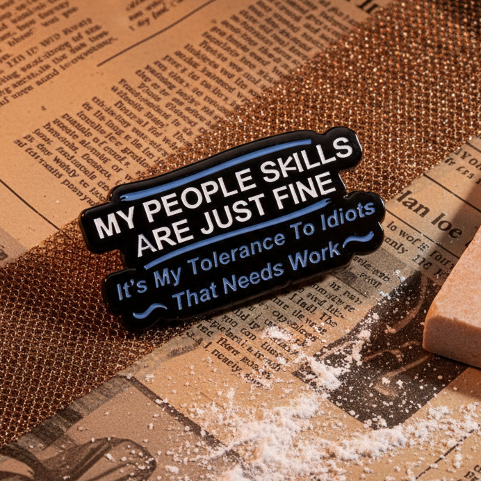 My People Skills Are Just Fine Enamel Pin rests on a newspaper backdrop with coppery mesh. This bold black pin with white and blue lettering humorously celebrates queer pride and empowerment, embracing self-expression.
