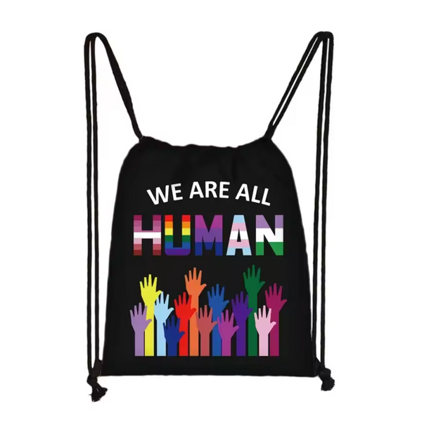 We Are All Human Drawstring Bag