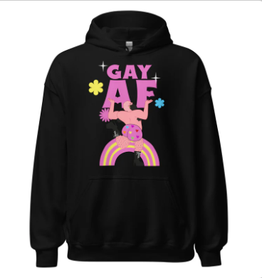 Gay AF Unisex Hoodie featuring a vibrant pride-themed graphic with GAY AF text, a flexing figure in colorful attire, and rainbow accents, celebrating queer empowerment and visibility.