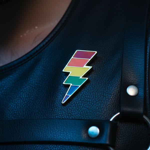 Black leather garment adorned with the LGBT Lightning Pride Enamel Pin, a vibrant rainbow-striped lightning bolt symbolizing empowerment and pride. Perfect for bold self-expression and celebrating LGBTQIA+ identity.