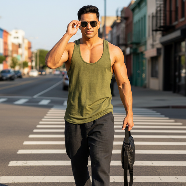 Young man confidently crossing the street in a Solid Color V-Neck Fitness Sleeveless Tank, showcasing a chic square neckline that flatters his physique, embodying prideful, bold self-expression.