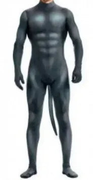 Black Wolf Fantasy Fetish Bodysuit With Tail features a skintight matte finish, revealing musculature with built-in gloves and a flexible tail for a panther-inspired look.