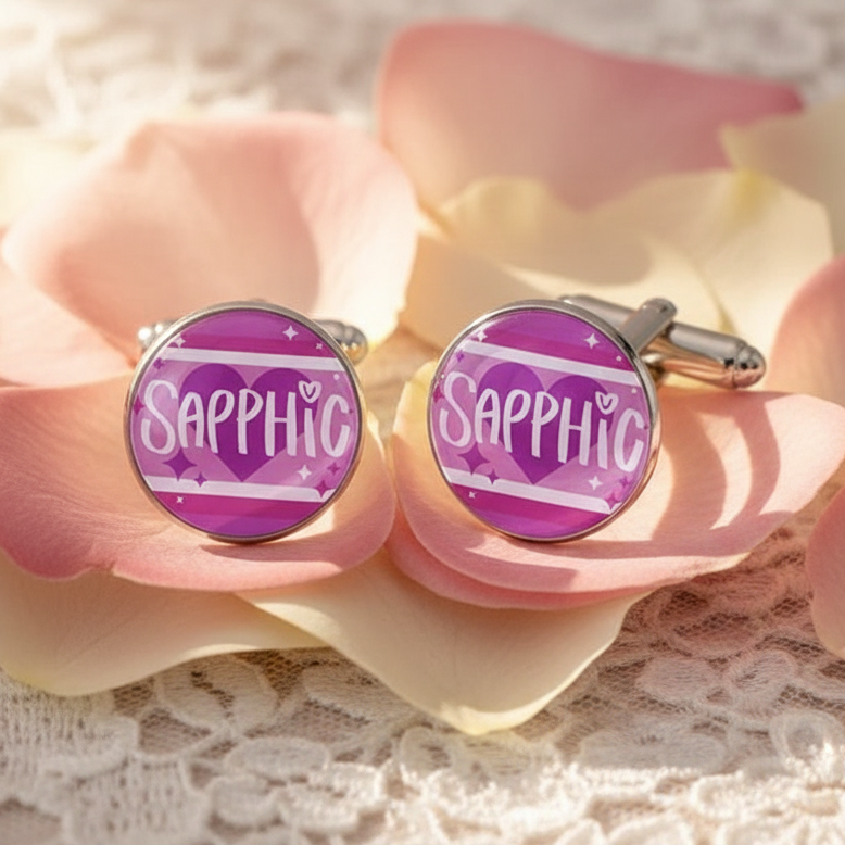 Sapphic Pride Cufflinks: Round, silver-tone, enamel-filled with pink and purple heart motifs, sparkling and stamped SAPPHIC. Perfect for adding discreet pride flair to formal attire, embodying vibrant LGBTQ self-expression.