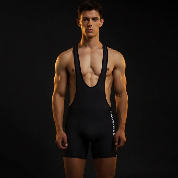 Young athletic man wearing the Tauwell One Piece Gym Swimsuit, a sleek black wrestling-style singlet highlighting his muscular build, exuding confidence, and celebrating queer visibility and self-expression.
