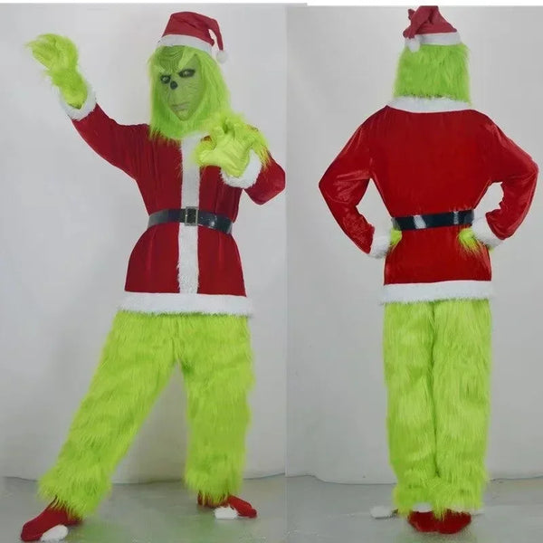 Front and back views of a person in a furry green Grinch Santa costume with black belt