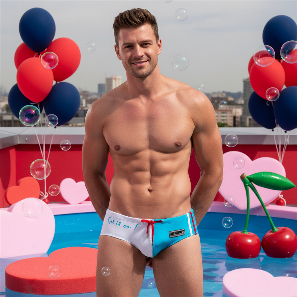 Shirtless man in Get It On Low Rise Swim Briefs, featuring white and sky blue panels with a red drawstring, exudes confidence amidst a playful rooftop scene with heart floats and balloons.