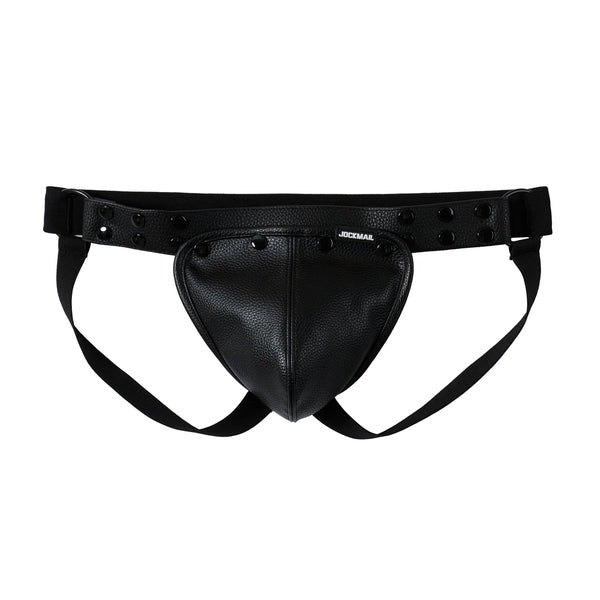 Black leather Jockmail Lets F*Ck Bulge jockstrap with wide grommeted waistband, adjustable straps, textured pouch, metallic tag.