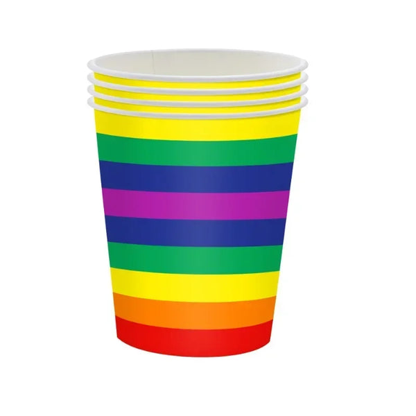 Rainbow Pride Party 20 Piece Paper Cups Set features vibrant rainbow stripes, embodying LGBTQIA+ pride. Crafted from sturdy paper, they add a joyful, inclusive touch to any celebration.
