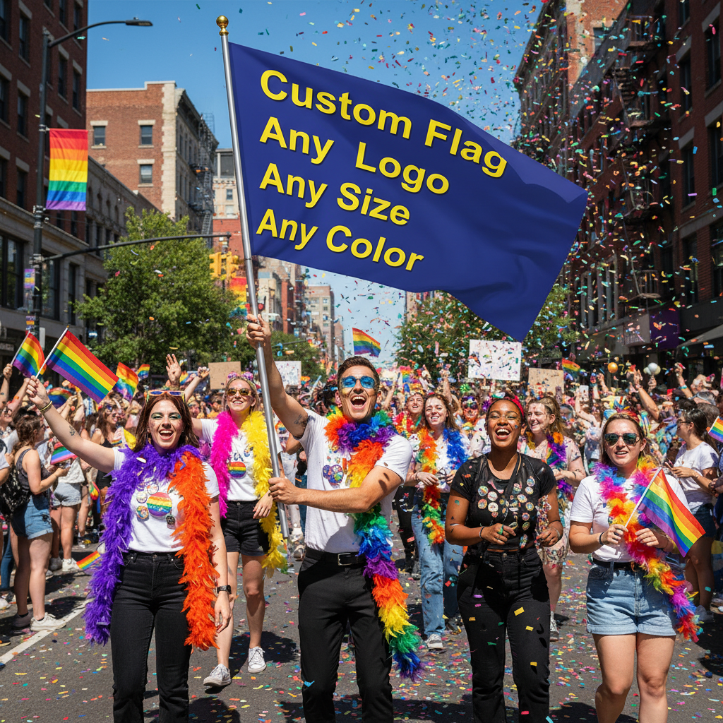 Joyful parade scene featuring smiling marchers with rainbow feather boas, holding a Custom Printed Pride Flag Banner in bold blue, celebrating LGBTQIA+ pride and self-expression with vibrant, personalized flair.