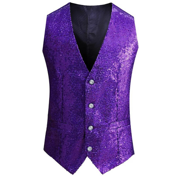 Sequin V-Neck Pride Vest with shiny purple sequins, metallic buttons, V-neck, and faux pockets, embodies queer self-expression and empowerment. Perfect for making a bold, fabulous statement.