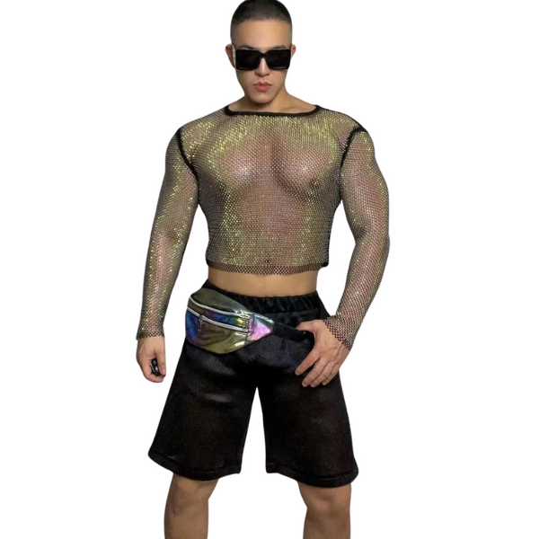 Model showcases the Sexy Rainbow Rhinestone Mesh Hoodie Set, featuring a metallic fishnet crop top and iridescent belt bag, embodying pride and queer self-expression with bold, edgy clubwear style.