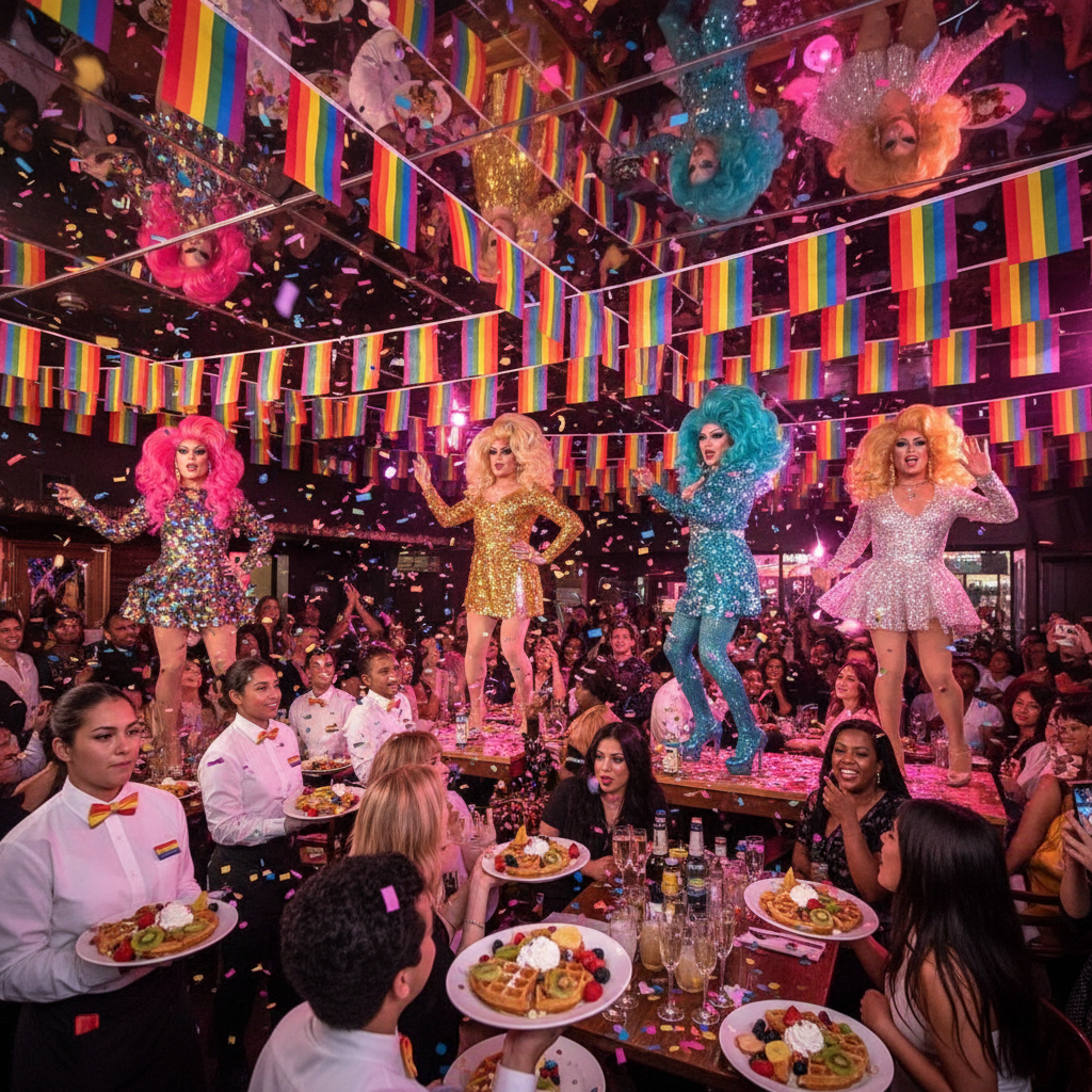 LGBT Pride Flag Banners drape vibrantly across the ceiling, celebrating queer joy. The durable polyester flags set a festive backdrop for the lively brunch scene, embodying pride and visibility.