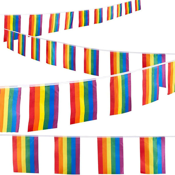 LGBT Pride Flag Banners showcasing vibrant rainbow-striped flags, symbolizing queer joy and resistance. Made from durable polyester, ideal for parades or décor, embodying pride, love, and visibility.