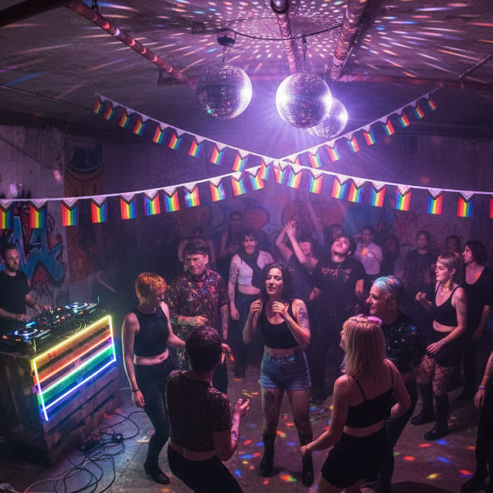 Progress Pride Flag Banners hang vibrantly, showcasing trans and BIPOC stripes amid a lively underground dance party with disco balls and rainbow-lit DJ booth, embodying queer visibility and empowerment.