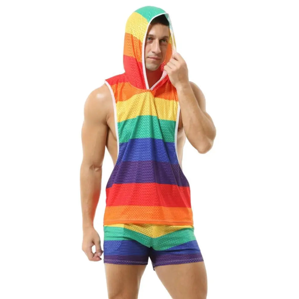 Rainbow Striped Hooded Tank Top Shorts Two-Piece Set