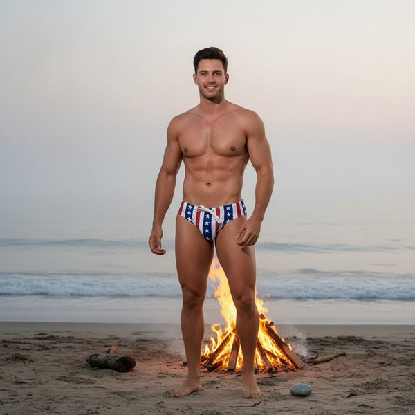 A fit, shirtless man stands on a beach wearing the patriotic Pride Poolside Perfection Swim Briefs, embodying queer pride and style with red-and-white stripes and stars, set against a bonfire-lit backdrop.