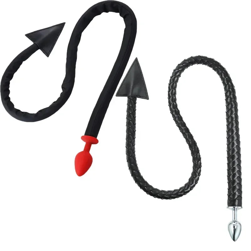 Black braided devil tails with arrow tips and red and silver butt plugs