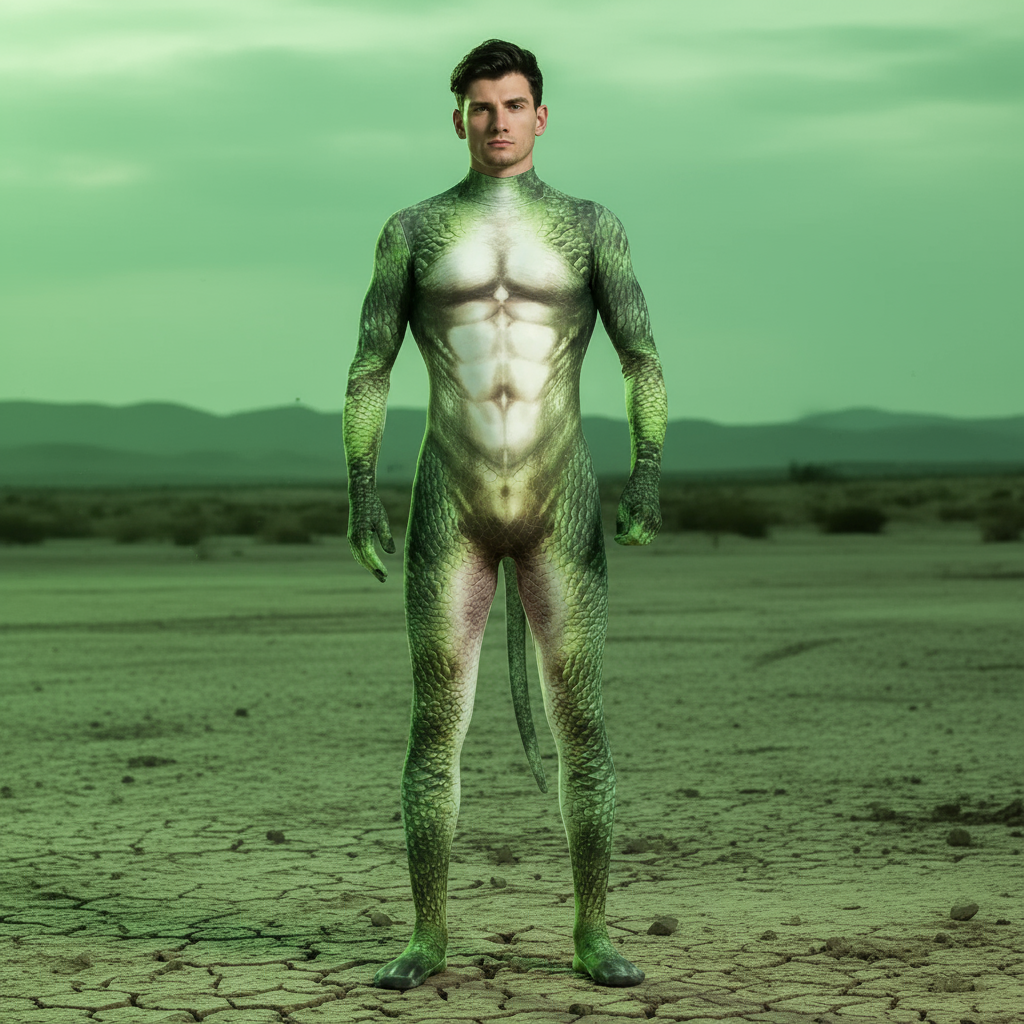 Reptile Fantasy Fetish Bodysuit With Tail: A human-lizard hybrid figure in the desert, showcasing green reptilian scales, a long tail, and webbed feet.