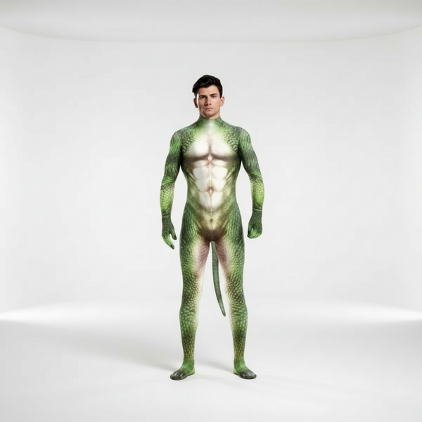 Person in a green, scaly Reptile Fantasy Fetish Bodysuit With Tail, showcasing textured scales, defined muscle sculpt, and integrated gloves and feet.