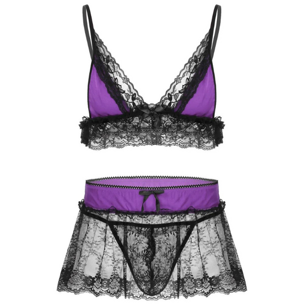 Sissy Lace Bralette & Mini Skirt Set With G-string