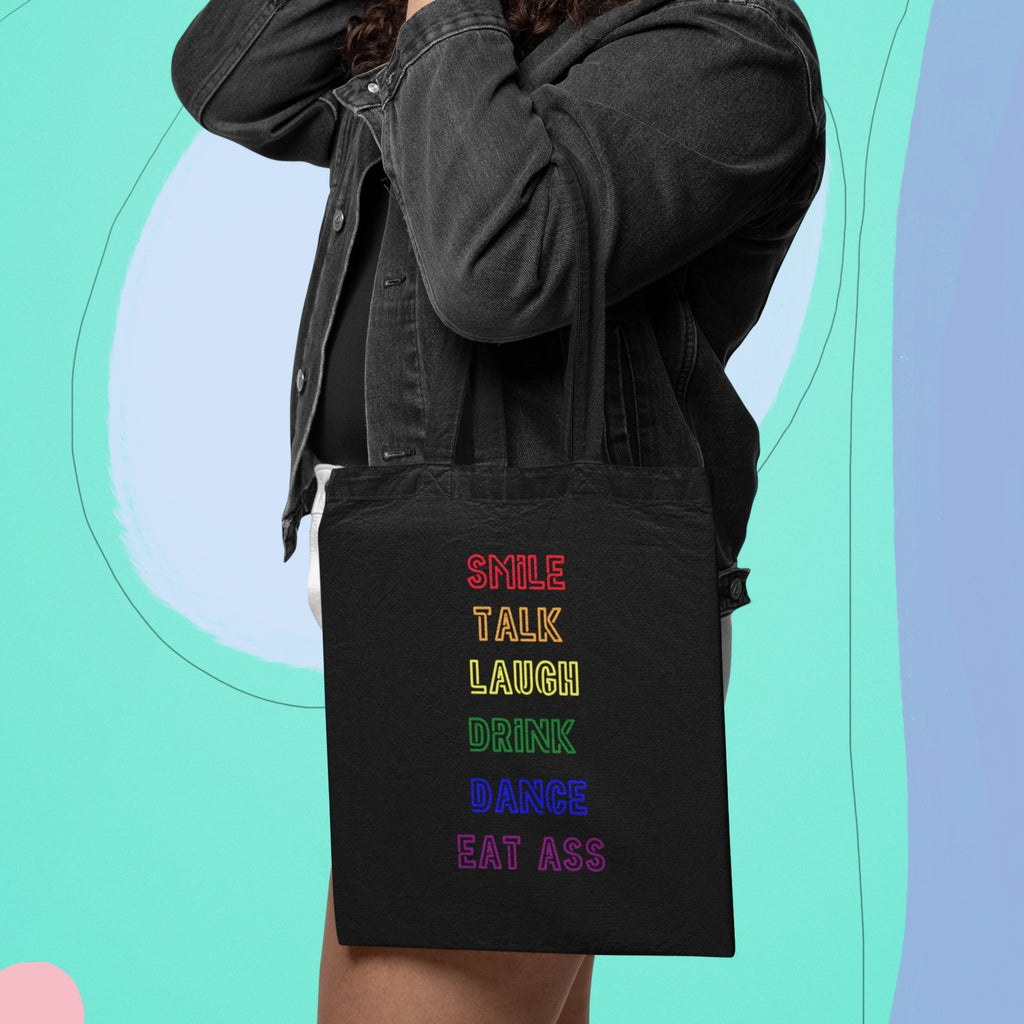 Black Smile, Talk, Laugh, Drink, Dance, Eat Ass Eco Tote Bag by Queer In The World Originals sold by Queer In The World: The Shop - LGBT Merch Fashion