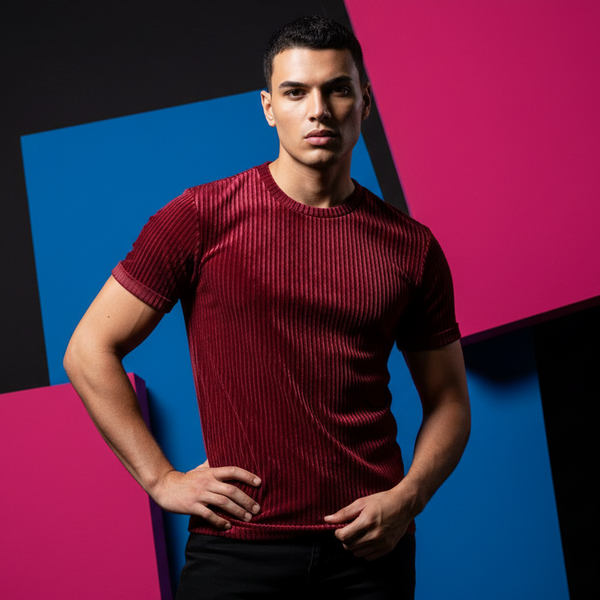 Young man models the Striped Velour T-Shirt, showcasing its ribbed texture and stylish fit. The T-shirt, embodying queer pride, enhances self-expression and confidence, perfect for making a bold fashion statement.