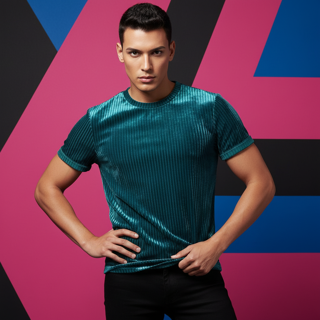 Young man models the Striped Velour T-Shirt, showcasing its teal, rib-textured velvet design. This bold, empowering piece embodies queer pride and self-expression with its luxurious, vibrant flair.