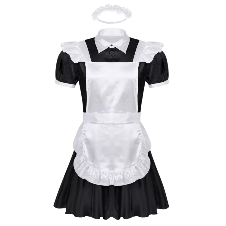 Submissive's Frilly Satin Maid Dress Ensemble