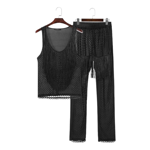 Tassel Mesh Sleeveless Tank Top + Pants (2 Piece Outfit)