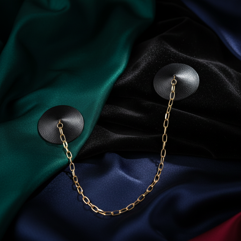 Tempting Tethered Nipple Covers—two black faux leather circles linked by a gold chain on luxe green, blue, and black satin. Bold, queer style.