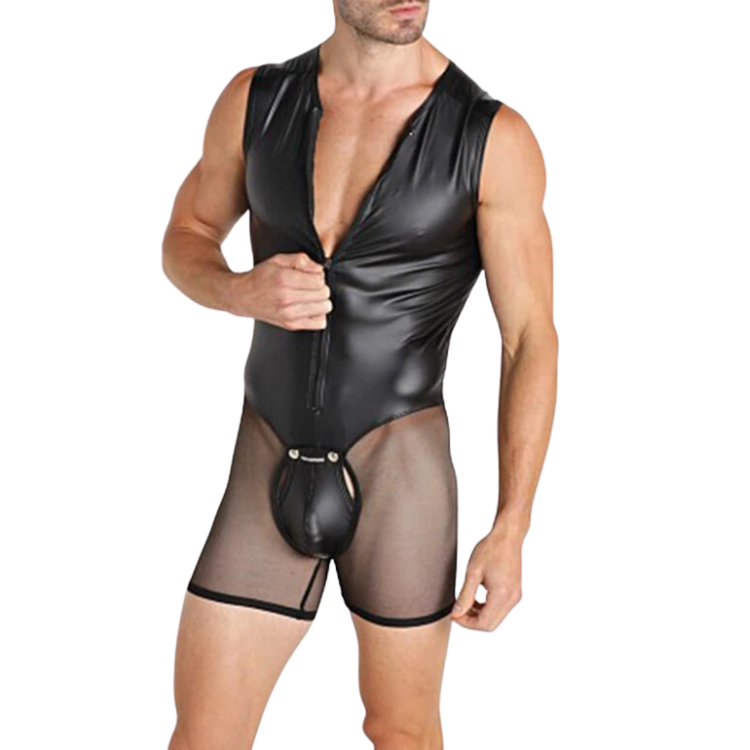 Tight PU Leather Mesh Bodysuit