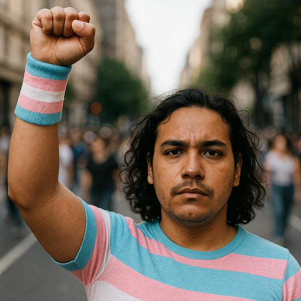 Transgender Pride Wrist Sweatband worn at a demonstration, showcasing vibrant colors of the transgender flag. The wearer stands confidently, embodying empowerment, pride, and unity in support of the LGBTQIA+ community.